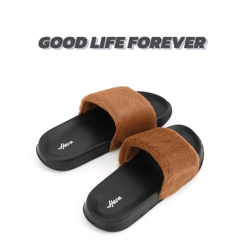 【Black Friday Thanksgiving Deals】Women'S Faux Fur Slippers Fuzzy Flat Spa Fluffy Open Toe House Shoes Indoor Outdoor Slip on Memory Foam Slide Sandals