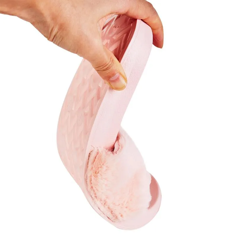 【Black Friday Thanksgiving Deals】Women'S Faux Fur Slippers Fuzzy Flat Spa Fluffy Open Toe House Shoes Indoor Outdoor Slip on Memory Foam Slide Sandals