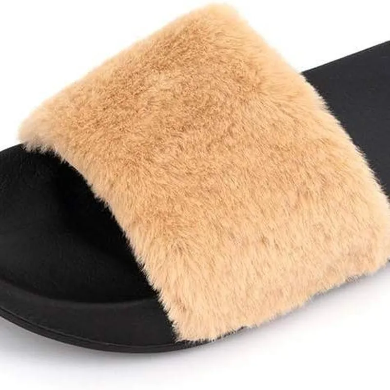 【Black Friday Thanksgiving Deals】Women'S Faux Fur Slippers Fuzzy Flat Spa Fluffy Open Toe House Shoes Indoor Outdoor Slip on Memory Foam Slide Sandals
