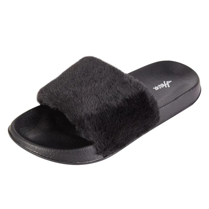 【Black Friday Thanksgiving Deals】Women'S Faux Fur Slippers Fuzzy Flat Spa Fluffy Open Toe House Shoes Indoor Outdoor Slip on Memory Foam Slide Sandals