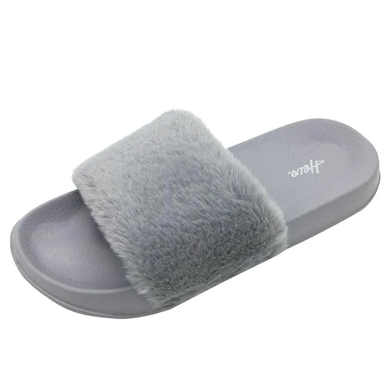 【Black Friday Thanksgiving Deals】Women'S Faux Fur Slippers Fuzzy Flat Spa Fluffy Open Toe House Shoes Indoor Outdoor Slip on Memory Foam Slide Sandals