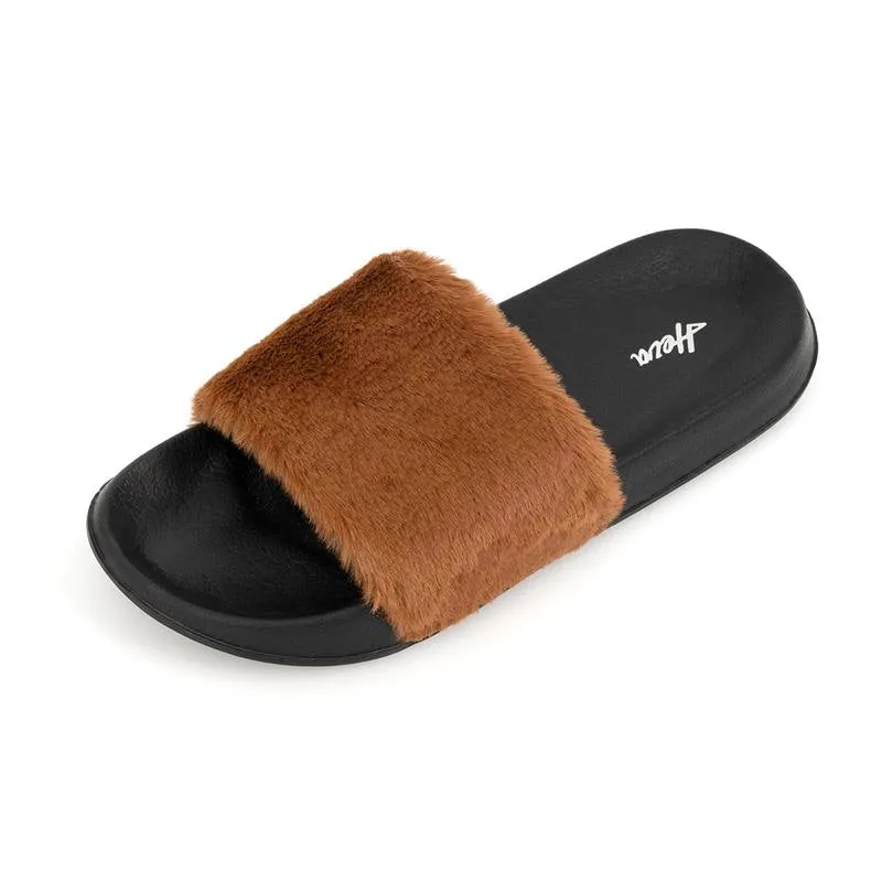 【Black Friday Thanksgiving Deals】Women'S Faux Fur Slippers Fuzzy Flat Spa Fluffy Open Toe House Shoes Indoor Outdoor Slip on Memory Foam Slide Sandals