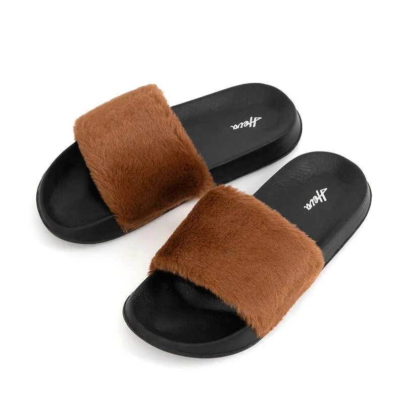 【Black Friday Thanksgiving Deals】Women'S Faux Fur Slippers Fuzzy Flat Spa Fluffy Open Toe House Shoes Indoor Outdoor Slip on Memory Foam Slide Sandals