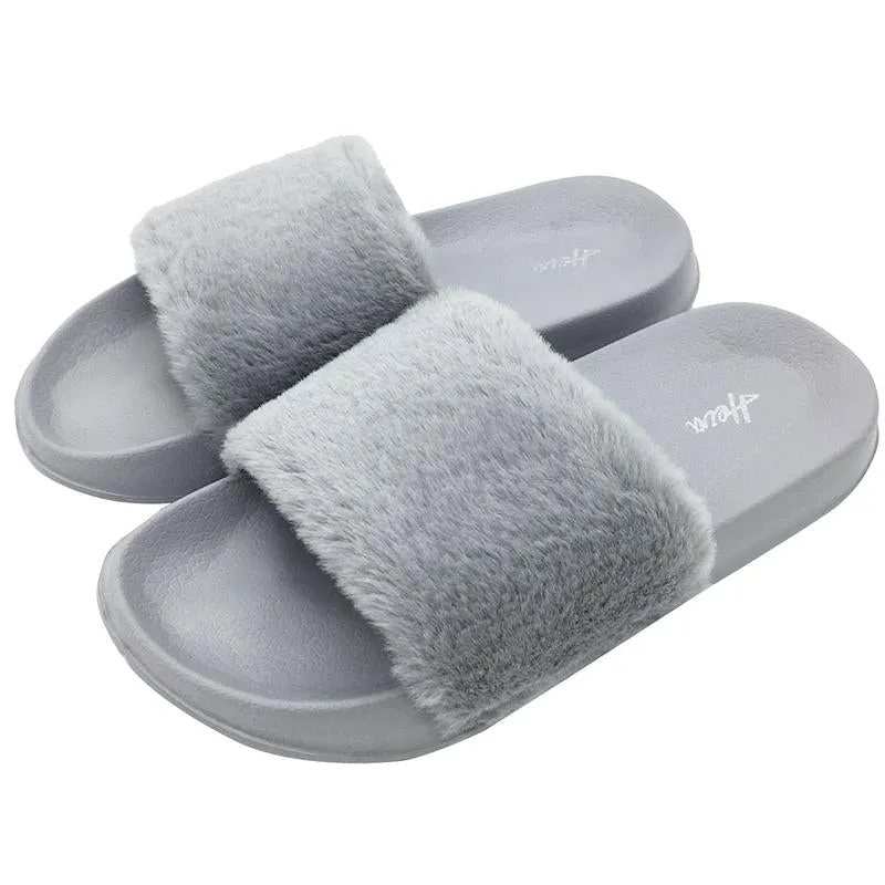 【Black Friday Thanksgiving Deals】Women'S Faux Fur Slippers Fuzzy Flat Spa Fluffy Open Toe House Shoes Indoor Outdoor Slip on Memory Foam Slide Sandals