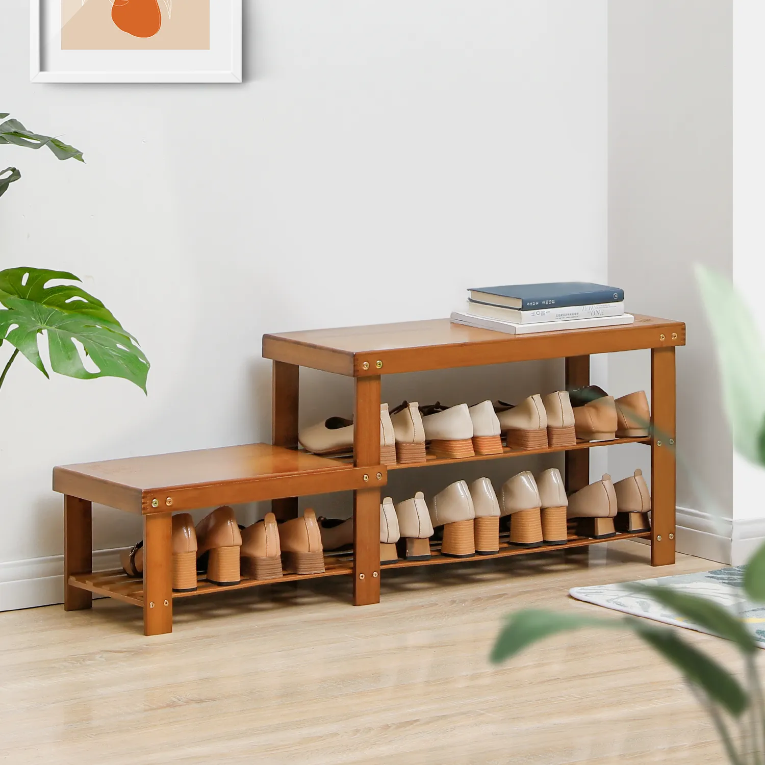 Double Row Shoe Rack Organizer - Changing Bench - 2 Tier - Brown