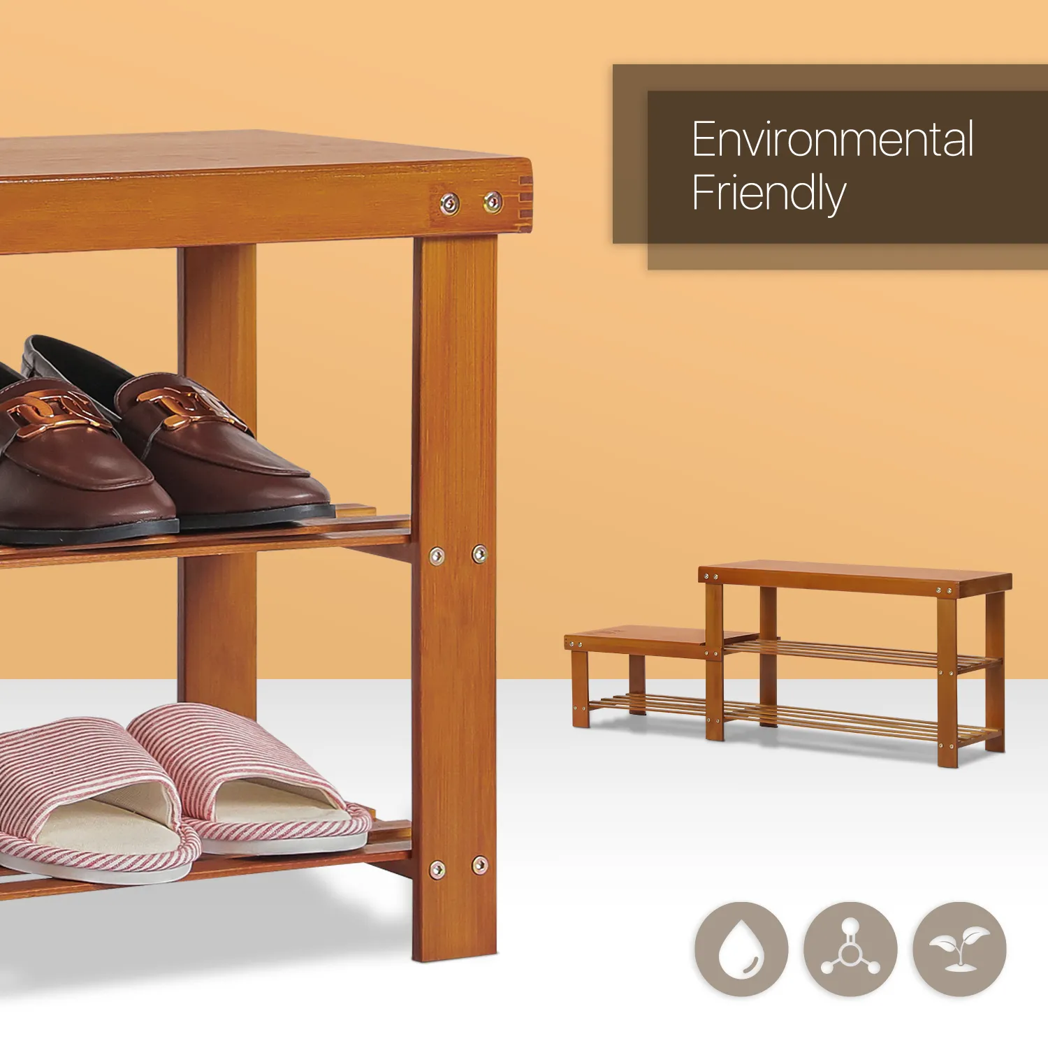 Double Row Shoe Rack Organizer - Changing Bench - 2 Tier - Brown