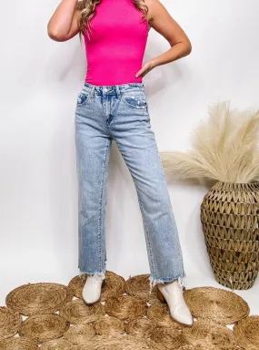 Raw Hem Light Wash Cropped Dad Jeans with Comfort Stretch Vervet by Flying Monkey Jeans