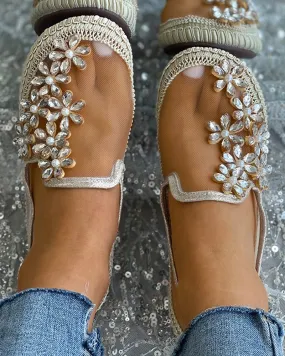 Rhinestone Floral Pattern Sheer Mesh Casual Shoes