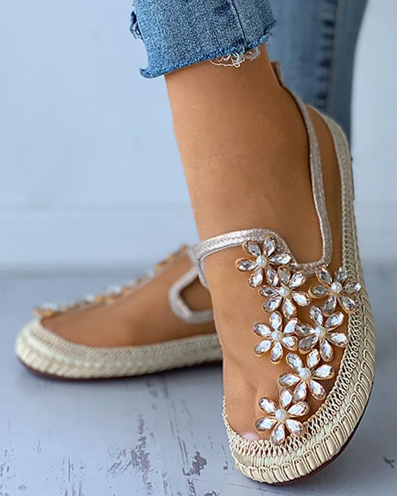 Rhinestone Floral Pattern Sheer Mesh Casual Shoes