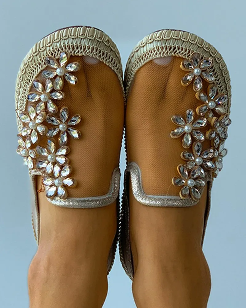 Rhinestone Floral Pattern Sheer Mesh Casual Shoes