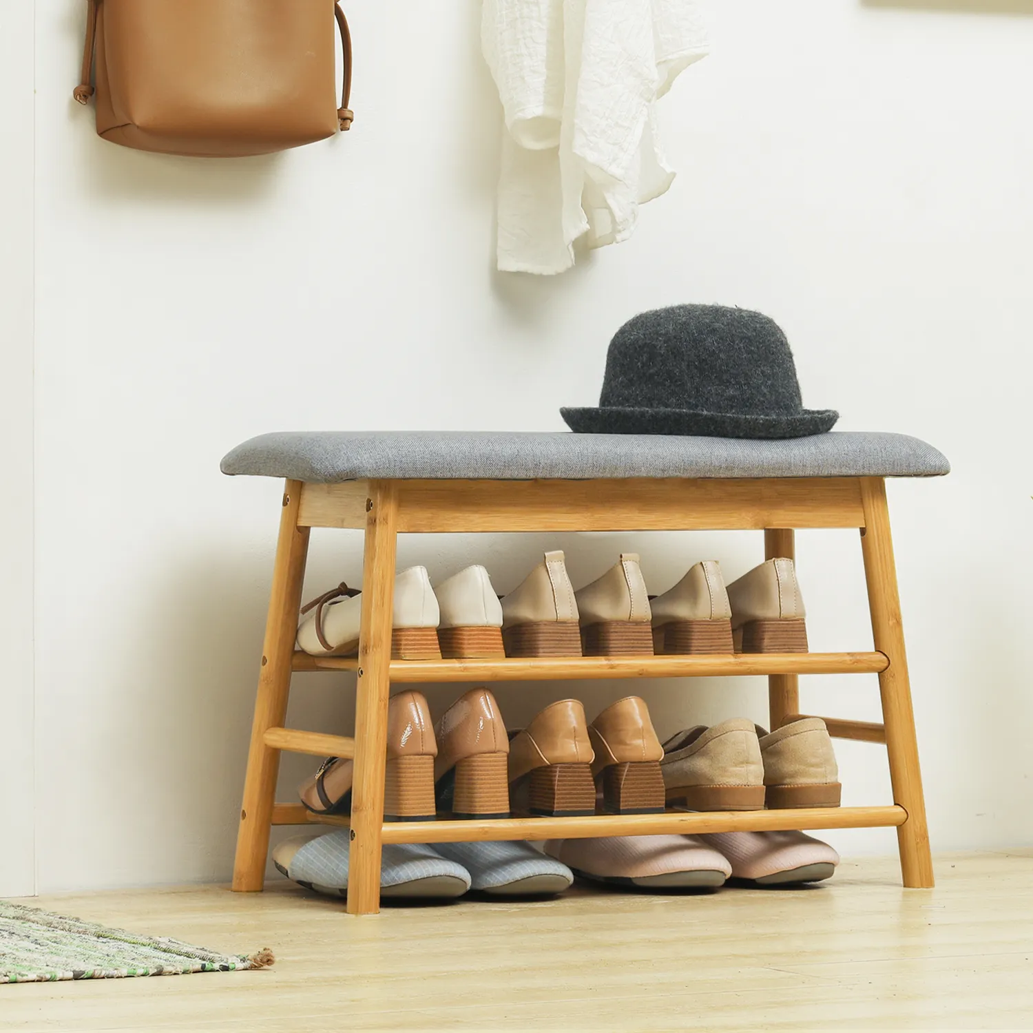 Shoe Rack Organizer Stool - Upholstered Changing Bench - Natural