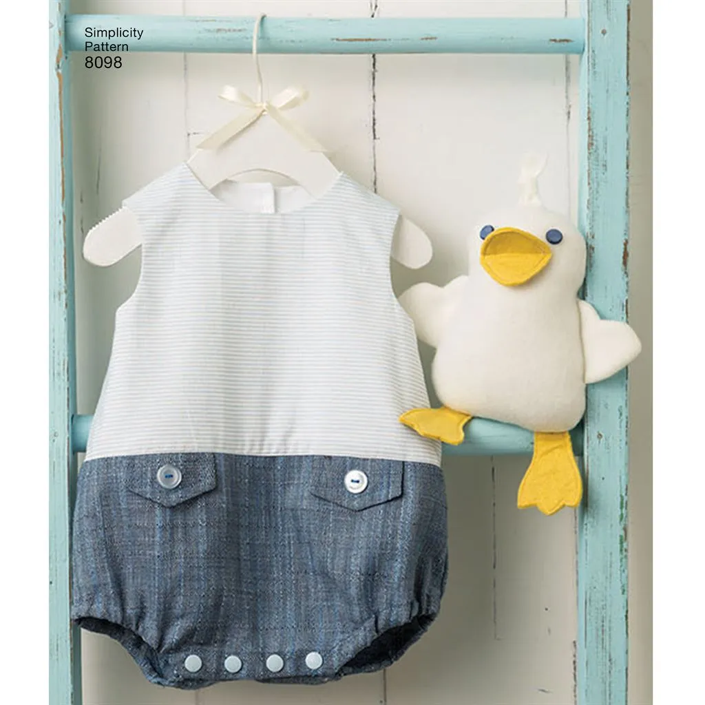 Simplicity Pattern 8098 Babies' Rompers, Sandals, and Stuffed Duck