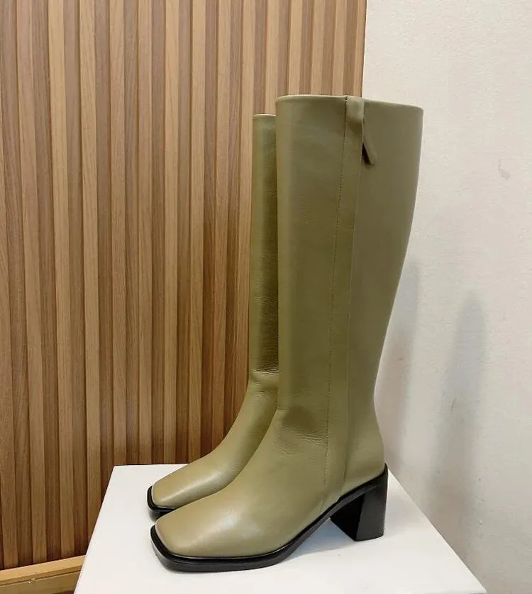 VIISENANTIN Women Knee High Boots - Square Toe Chunky Heel Side Zipper